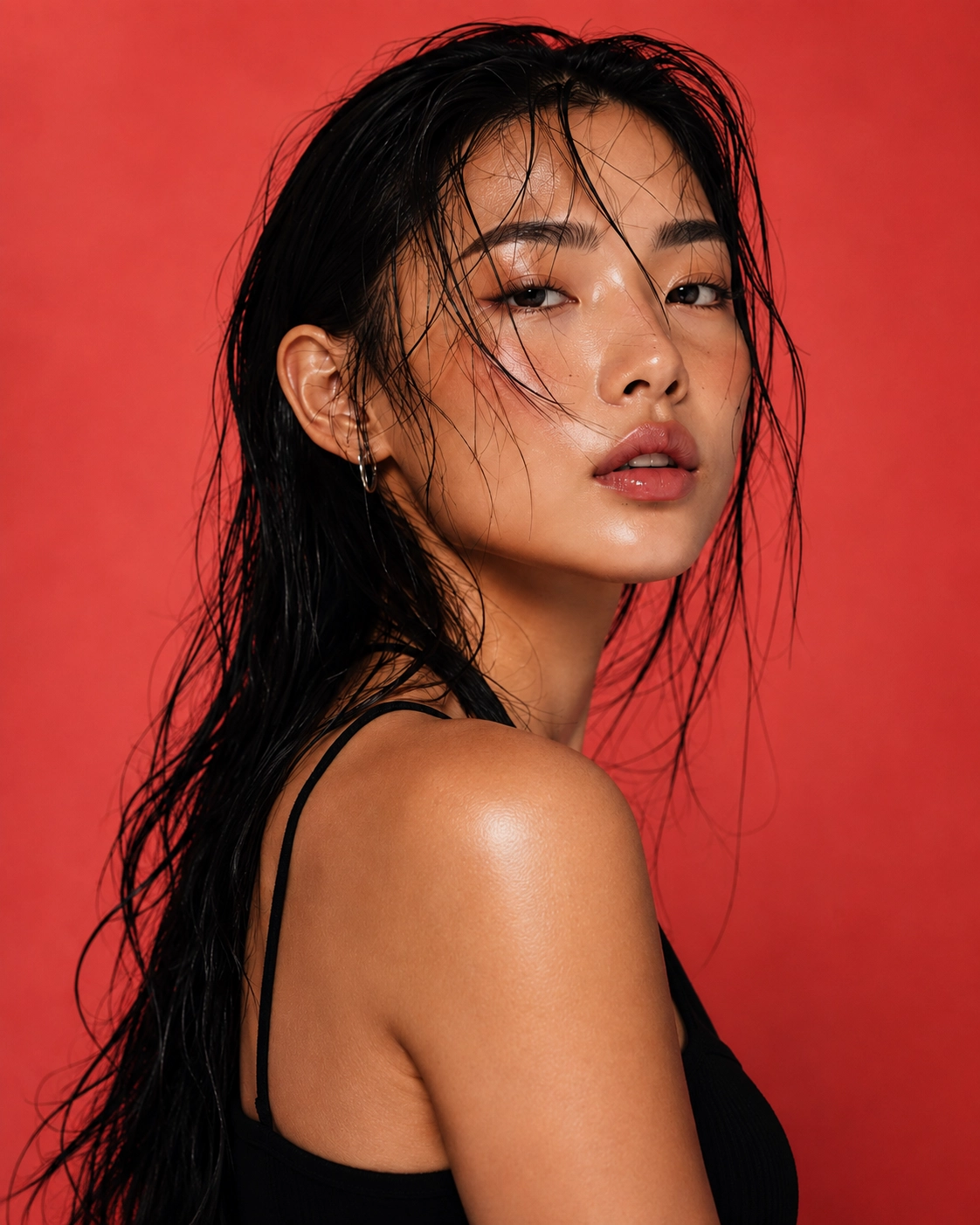 Model portrait on a coral background