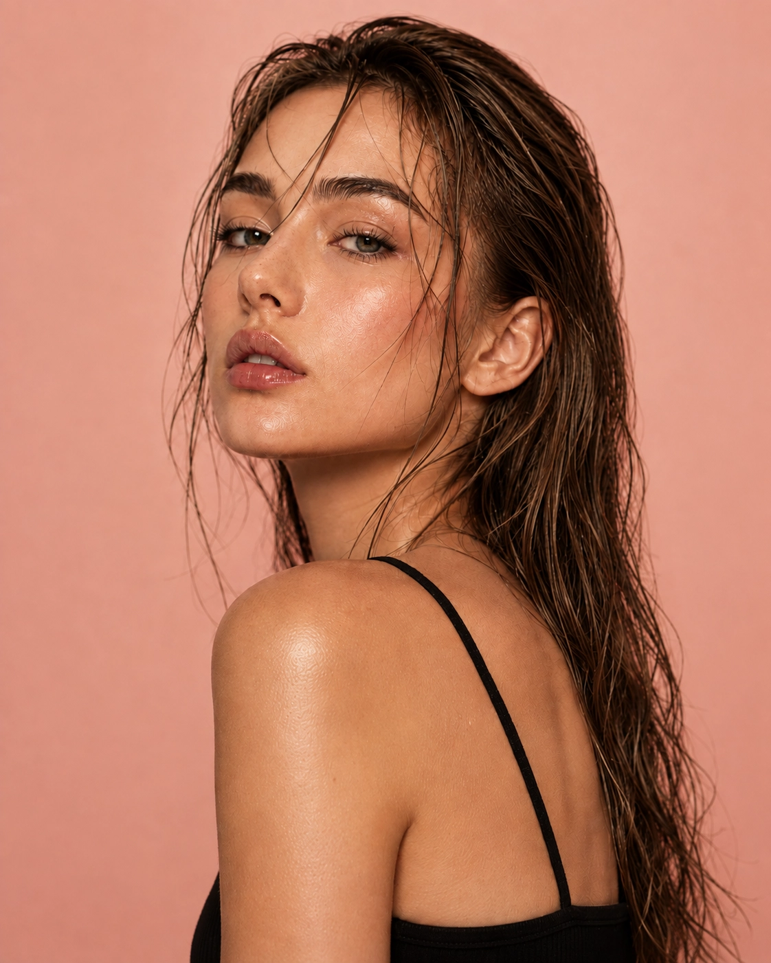 Model portrait on a peach background